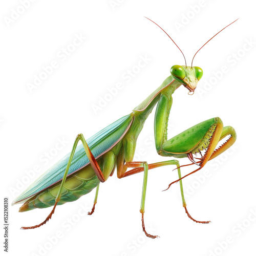 Close-Up Captivating Portrait of a Praying Mantis on an Isolated White Background