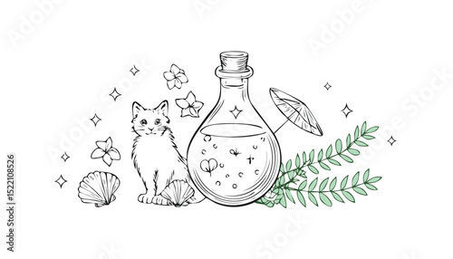 Potion bottle magic vector. Vintage witch game alchemy sketch with crystal, cat, shell, plant. Magician line drawing. Witchcraft halloween antidote potion set.chemistry, crystal, draw, esoteric, 