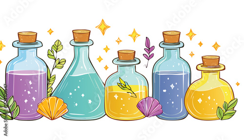 Potion bottle magic vector. Vintage witch game alchemy sketch with crystal, cat, shell, plant. Magician line drawing. Witchcraft halloween antidote potion set.chemistry, crystal, draw, esoteric, 