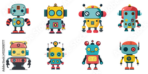 Multiple vector illustrations cute retro robot

