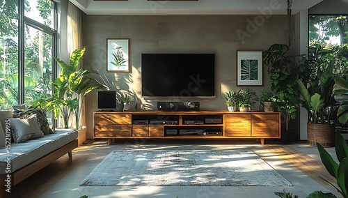 Living Room Mockup with TV, Wooden Furniture, and Natural Light

