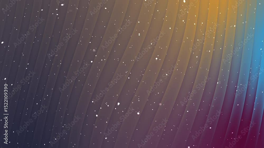 A high-quality abstract background featuring soft curved diagonal lines blending into a smooth gradient of dark purple, orange, and blue hues. Scattered glowing particles give a dreamy, cosmic, or sno