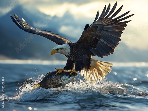 Majestic Bald Eagle Seizing Salmon from Ocean Waves at Sunrise