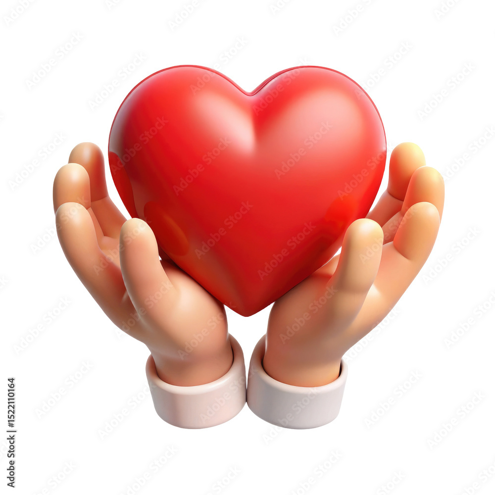Obraz premium Hands Holding Red Heart Symbol of Care and Love 3d icon in cartoon plastic style minimal isolated on transparent white background, clipping path