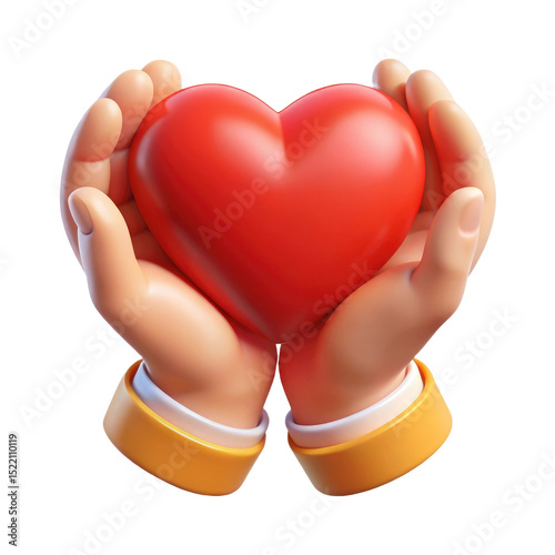 Hands Holding Red Heart Symbol of Care and Love 3d icon in cartoon plastic style minimal isolated on transparent white background, clipping path photo