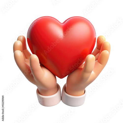 Hands Holding Red Heart Symbol of Care and Love 3d icon in cartoon plastic style minimal isolated on transparent white background, clipping path photo