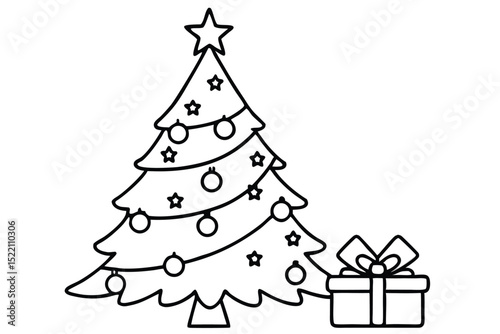 Christmas Tree Outline with Star Ornaments and Gift for Coloring Book