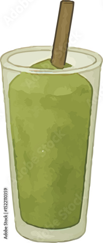 A tall glass of iced matcha drink, chilled and refreshing, with a vibrant green hue. Ideal for summer beverages or a healthy tea break