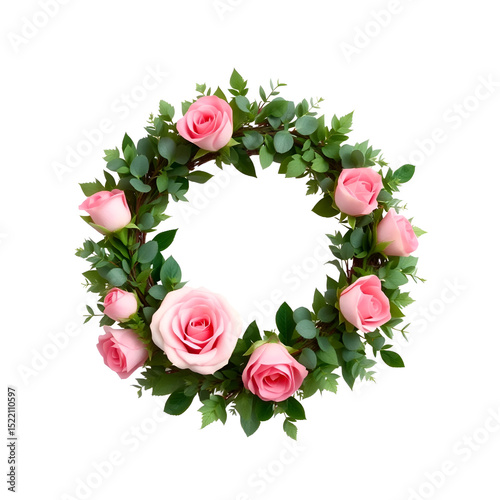 Hand Crafted Memorial Wreath with Fresh Pink Roses and Eucalyptus Isolated on Transparent Background