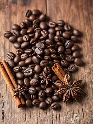 Coffee beans, cinnamon sticks and star anise on rustic wooden background