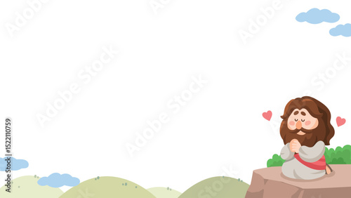 Cute Cartoon Jesus Praying on a hill Illustration – Christian Clipart with Blank Space16X9