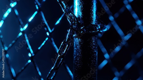 A close up of a chain and fence with blue light
