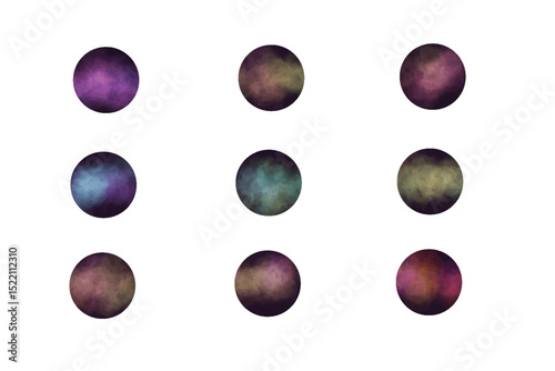 A set of colorful smoke-themed buttons