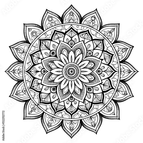 Detailed floral mandala design in black and white for coloring pages