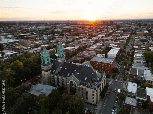 Place Delacroix Church transformed into residential condos in Montreal at sunset, Quebec, Canada