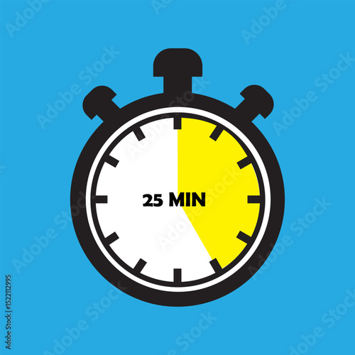 25 Minutes Timer Icon, Modern Flat Design. Clock, Stopwatch, Chronometer Showing Twenty five Minutes Label. Cooking time, Countdown Indication.