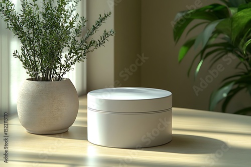 White Container Mockup Beside Beige Pot with Green Foliage

