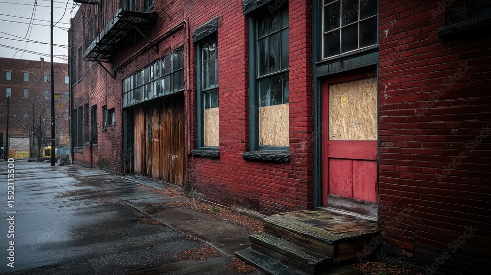 Fototapeta premium A brick building exterior on a wet and overcast city street