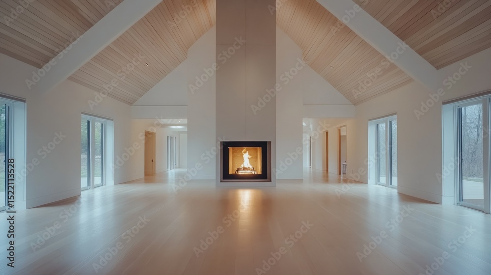 Fototapeta premium An open architectural living room featuring a fireplace and wooden ceiling