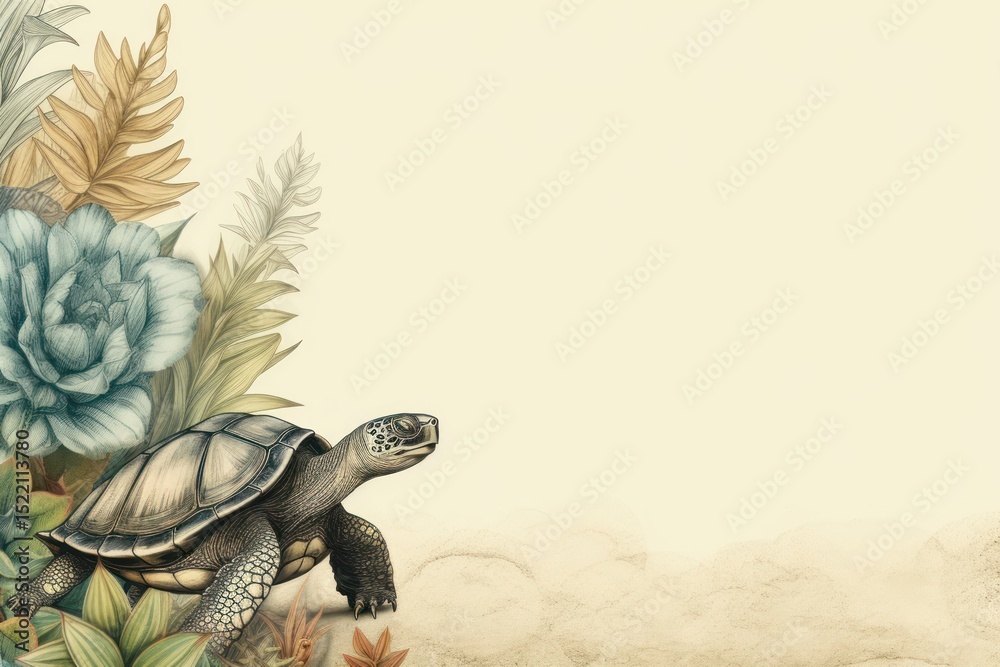 Fototapeta premium Realistic vintage drawing of turtle border backgrounds reptile animal.