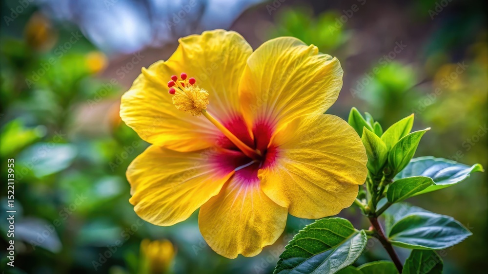Close-up of Hibiscus tiliaceus flower in rural nature scene, highlighting its vibrant yellow petals and delicate center details, tropical plant, nature scene Close-up of Hibiscus tiliaceus flower in rural nature scene, highlighting its vibrant yellow petals and delicate center details, tropical plant, nature scene