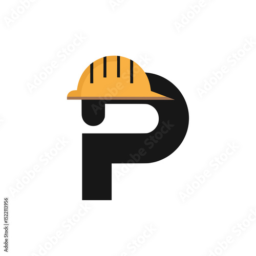 Letter P Logo with Construction Helmet, Creative logo combining the letter P with a yellow hard hat, representing construction, building safety, and industrial branding themes.

