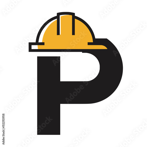 Letter P Logo with Construction Helmet, Creative logo combining the letter P with a yellow hard hat, representing construction, building safety, and industrial branding themes.

