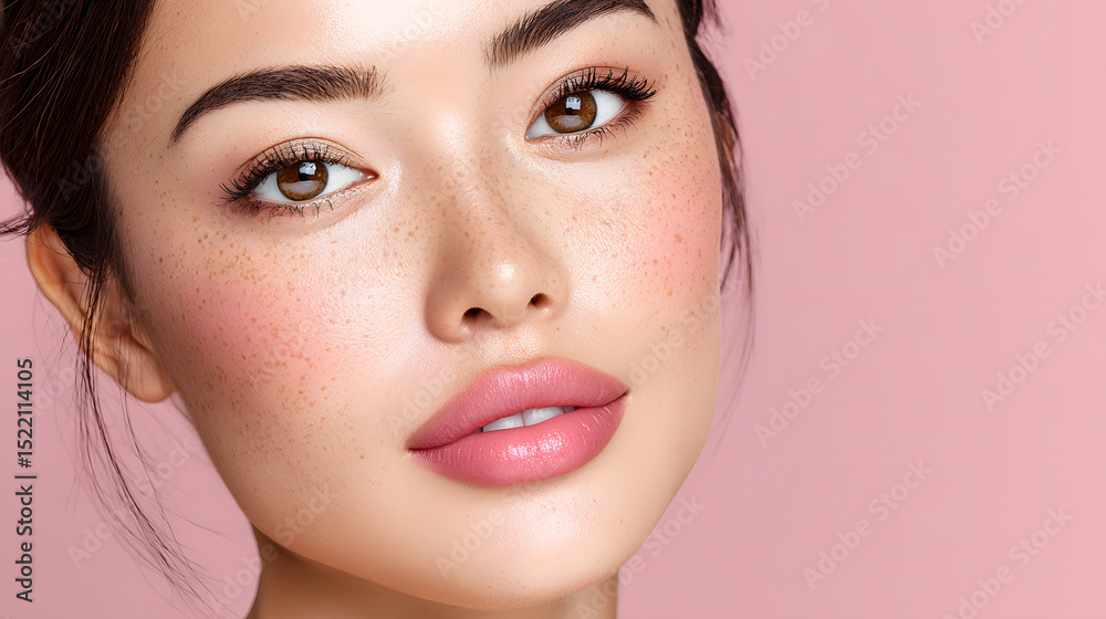 Fototapeta premium Close-Up Portrait of a Korean Woman with Soft Pink Makeup
