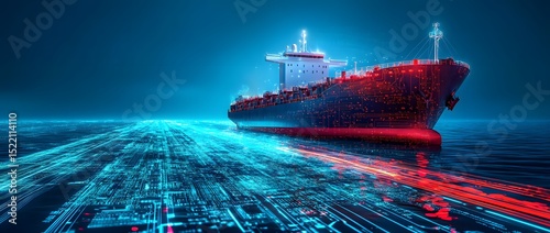 Abstract digital background with blue and red light streaks, futuristic cargo ship on the sea in perspective, high-tech data center interior with large circuit board, futuristic computer chip, 