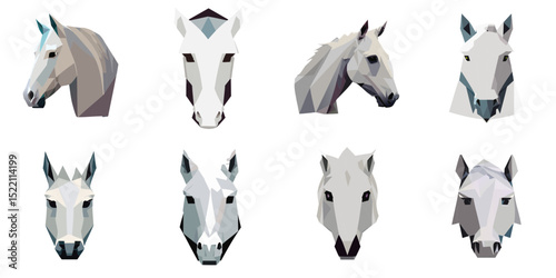Multiple vector illustrations white horse, low poly style

