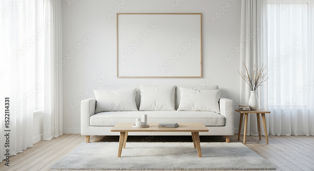 Fototapeta premium Modern Minimalist Living Room Interior Design with Blank Canvas for Artwork