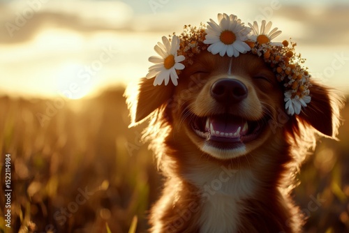 Cute baby dog nova scotia duck tolling retriever wearing primal flower circlet on its head. Warm season happiness. Golden hour in sunset. Playful dog enjoying summer. Dog with flower wreath.