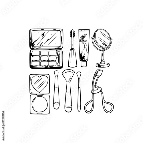 Vector art of assorted makeup items isolated on white background, including brushes, mascara, and eyeshadow palette vector silhouette
