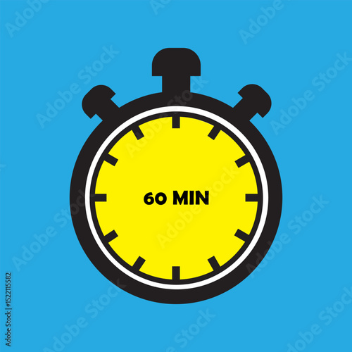 60 Minutes Timer Icon, Modern Flat Design. Clock, Stopwatch, Chronometer Showing Sixty Minutes or one hours Label. Cooking time, Countdown Indication.