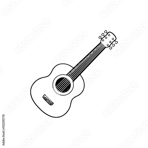 Vector art of acoustic guitar isolated on white background, a musical instrument in black and white vector silhouette