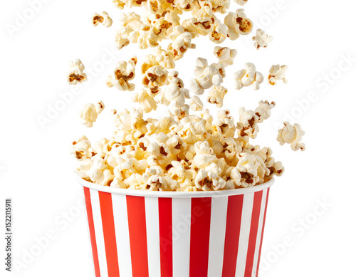 Freshly popped popcorn in striped container.