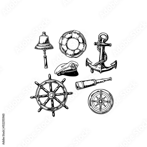 Vector art of nautical elements including an anchor, bell, life preserver, hat, spyglass, compass, and ship wheel isolated on white background vector silhouette