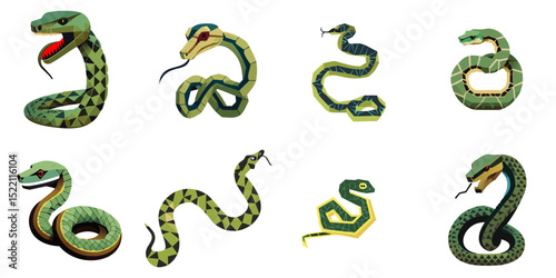 Multiple vector illustrations snake, low poly style

