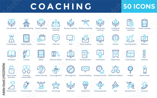 Coaching icons set with life, executive, career, leadership, wellness, business, confidence, relationship, productivity, health icon. Simple outline color vector 
