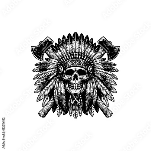 Vector art of skull wearing a native american headdress with crossed axes isolated on white background, vector silhouette