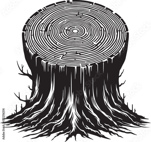 Tree stump with rings silhouette on with white background.