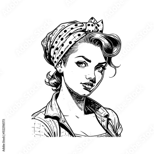 Vector art of confident vintage woman with polka dot headscarf isolated on white background vector silhouette