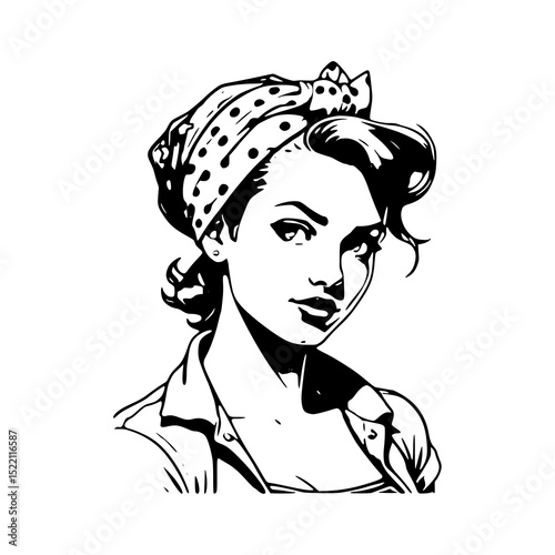 Vector art of confident woman with polka dot headscarf isolated on white background, a vintageinspired vector silhouette