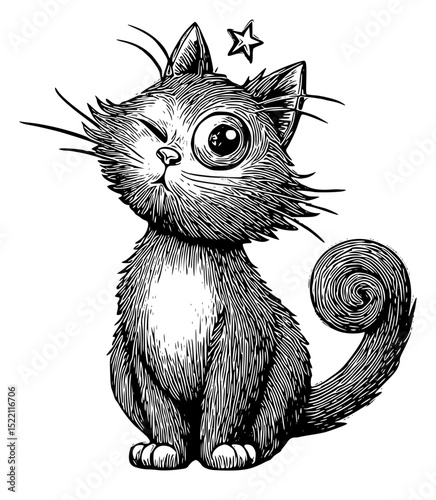 Vector art of whimsical winking kitten with a star above its head, isolated on transparent background, a charming vector silhouette vector silhouette