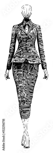 Vector art of a mannequin displays a black and white patterned suit, isolated on transparent background, vector silhouette