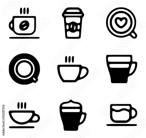 Vector art of collection of various coffee cups and mugs, isolated on transparent background, vector silhouette