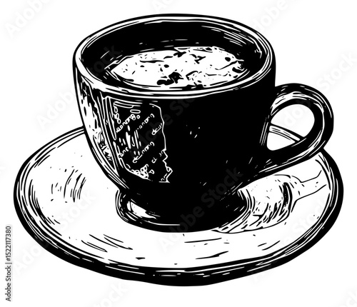Vector art of dark coffee cup with frothy liquid on a saucer, isolated on transparent background vector silhouette