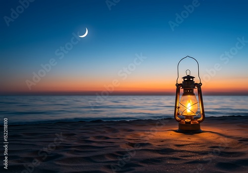 Lantern on beach at dusk with crescent moon