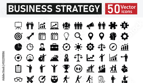 Set of 50 Solid Black Icons Representing Business Strategy, Leadership, Teamwork, Growth, Analysis, and Communication – Vector Silhouette Illustration