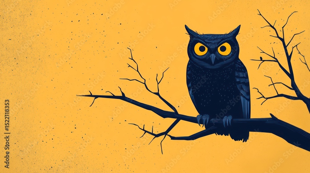 Fototapeta premium Halloween owl perched on branch, orange background, spooky, art
